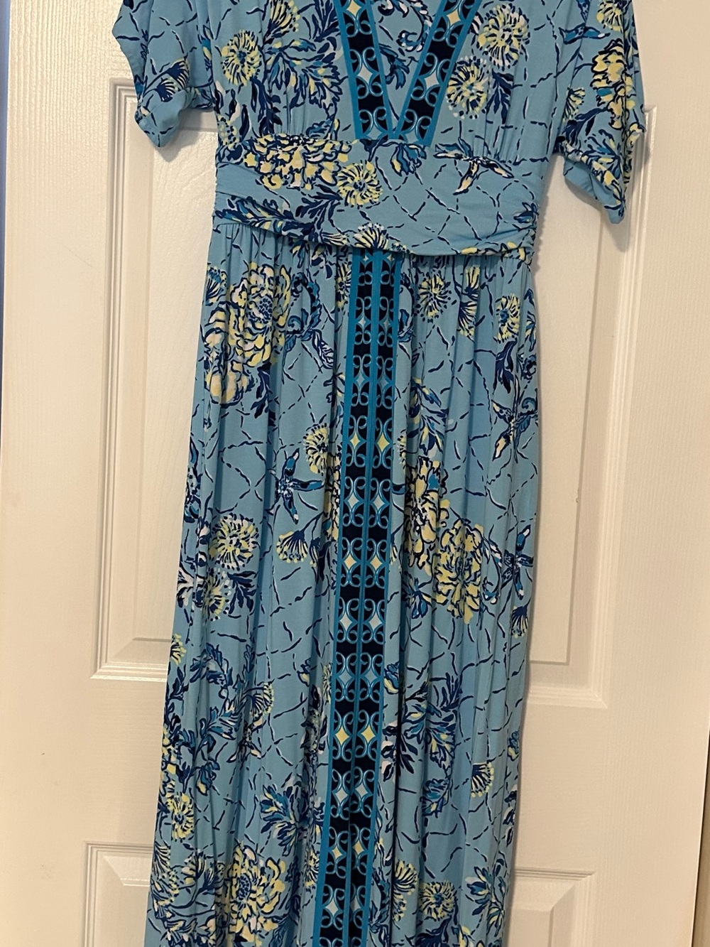 Lilly Pulitzer Light Blue Floral Maxi Dress with Navy & Yellow Accents